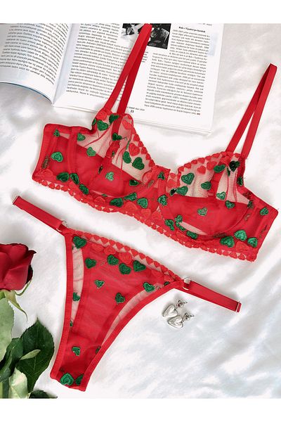 Arinda Amore Heart Patterned Brode Underwire Cupless Red Lingerie Set