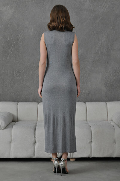 WOMAN VISION Midi délka bez rukávů 130 cm Crew Výstřih Letní Šedé Pletené šaty 1110