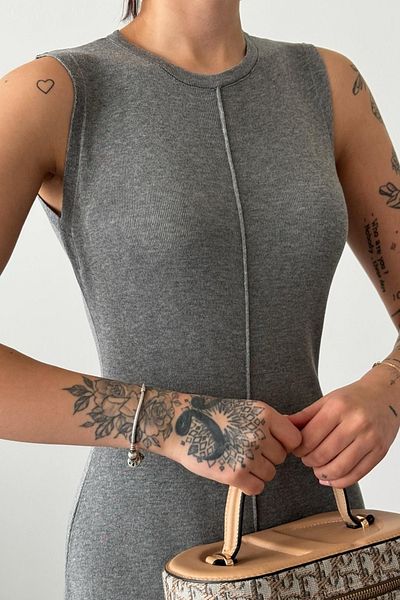 WOMAN VISION Ujjatlan Midi 130 cm hosszú nyakú nyári szürke kötöttáru ruha 1110