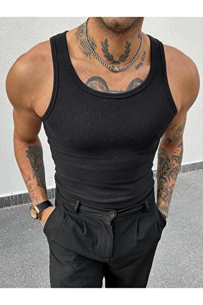 oneoff Ανδρικό μπλουζάκι με μαύρο λαιμόκοψη Slimfit πλέξη ριμπ Tank Top