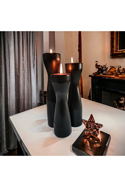Vera Hediyelik Eşya 3'lü Tealight Siyah Ahşap Torna Şamdan Mumluk Dekoratif Ö...