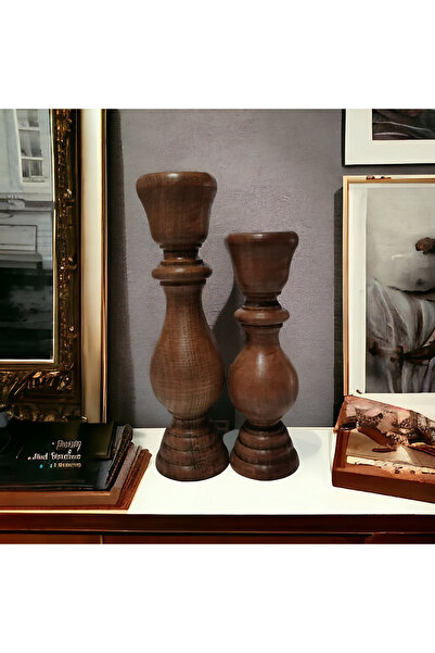 Veranın Dünyası 2'li Wooden Ceviz Ahşap Torna Şamdan Mumluk Dekoratif Özel Ka...