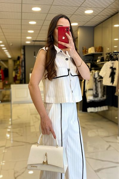 Vosse Miarte Ecru Striped Vest with Button and Pocket Detail