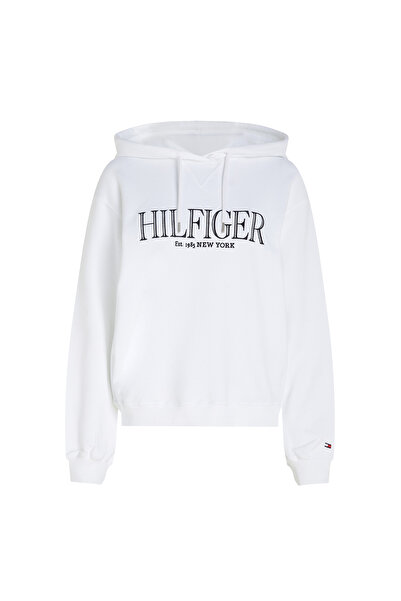 Tommy Hilfiger Kapüşon Yaka Nakışlı Beyaz Kadın Sweatshırt REG MDN HILFIGER HOODIE
