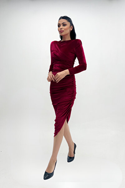 giyimmasalı Velvet Fabric Gather Detailed Evening Dress - Claret Red