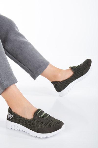 MİSSWEMODASHOES Kadın Ortopedi Haki-Beyaz Lastikli Yürüyüş Ayakkabısı