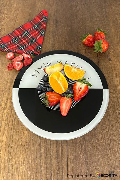 Decorita Glass Diet Plate| Glass Presentation Plate| Eat and Sleep| Diameter25cm