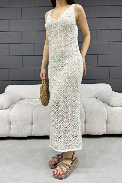 LE CARAMBOLE Women's Cream Lined Openwork Knitwear Dress 2445