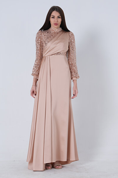 Feminist Boncuklu Saten Tesettür Abiye Gold 6502472