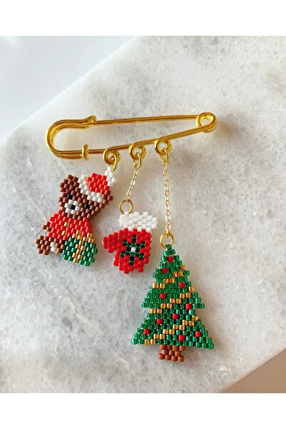 SEARD Miyuki Ayıcık Eldiven ve Çam Ağacı Yılbaşı Christmas Noel İskoç İğnesi ...