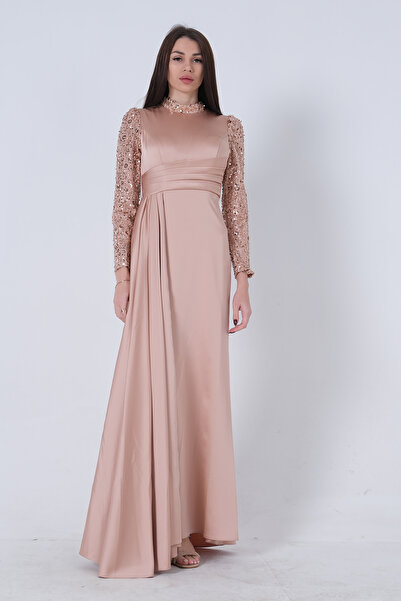 Feminist Pul Boncuklu Saten Tesettür Abiye Gold 6502473