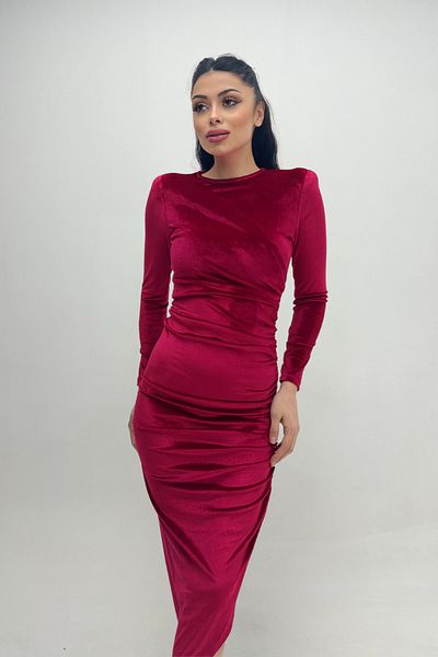 giyimmasalı Rochie De Seara Detaliata Tesatura Catifea - Rosu Claret