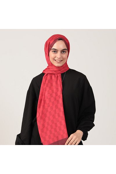 ipekistanbul Cotton Silk Shawl - Checkerboard Pattern - Red