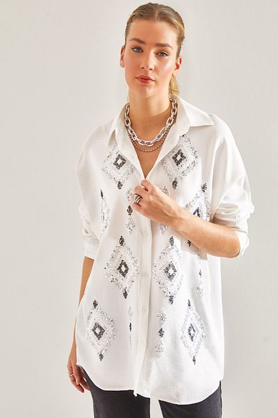 Bianco Lucci Modest Damen-Leinenhemd Sofia mit Paillettenstickerei 60181011