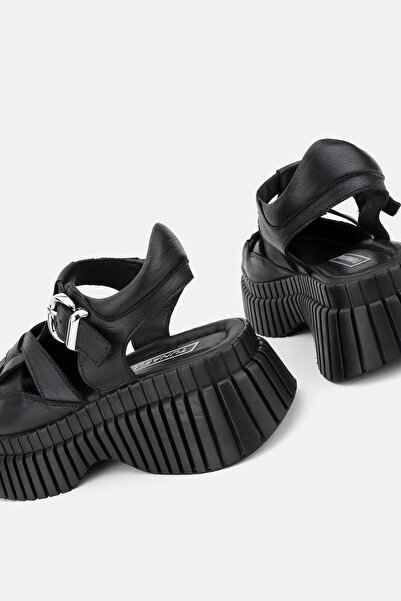 TUNAELLİ Women's BLACK GENUINE NATURAL LEATHER FLAT SANDALS SHOES