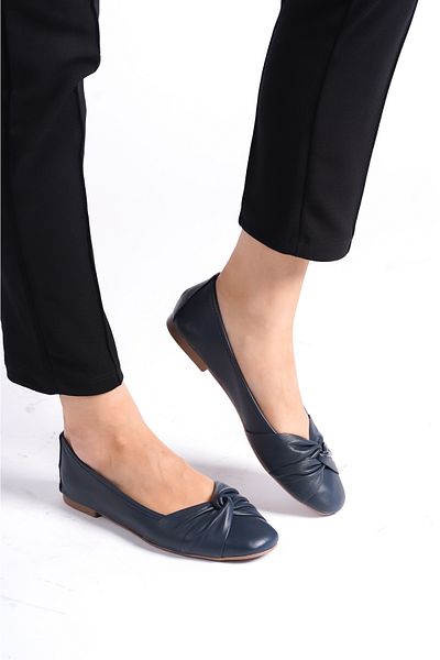 Deripabuc Genuine Leather Navy Blue Women's Leather Ballerinas Dp58-4053