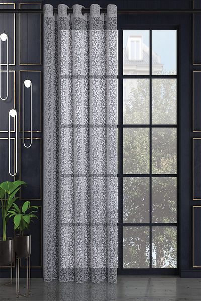 De'Vor Patterned Tulle Curtain, Flower and Leaf Patterned Burning Fabric, Eyelet Sewing for Rustic