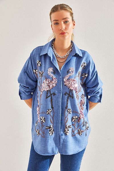 Bianco Lucci Modest Damen-Leinenhemd „Sofia“ mit Flamingo-Paillettenstickerei 60181012