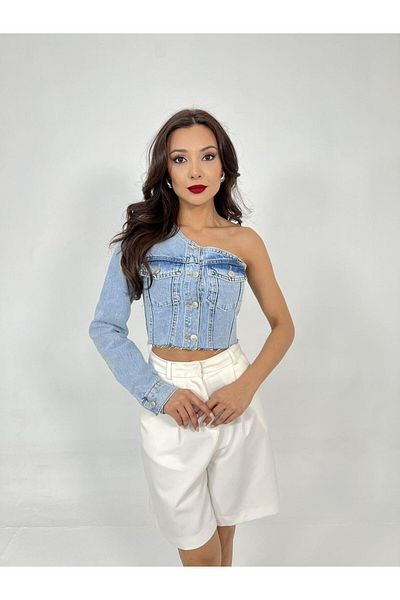 Fame Bluză de damă din denim albastru cu o singură mânecă