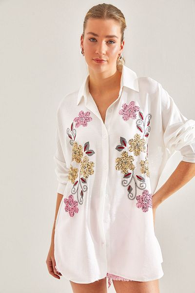 Bianco Lucci Modest Damen-Leinenhemd Sofia mit Paillettenstickerei 60181010
