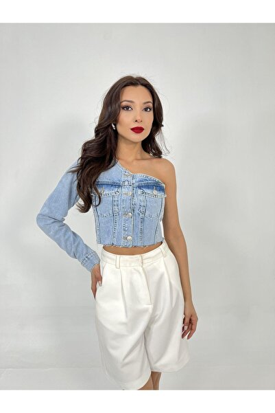 Fame Μπλε τζιν γυναικεία μπλούζα με ένα μανίκι