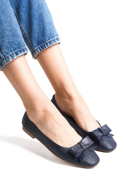 Deripabuc Genuine Leather Navy Blue Women's Leather Ballerinas Dp58-4055