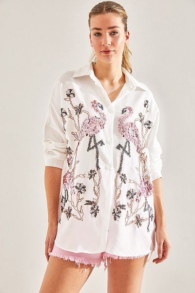 Bianco Lucci Modest Damen-Leinenhemd „Sofia“ mit Flamingo-Paillettenstickerei 60181012