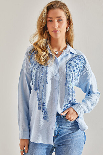 Bianco Lucci Modest قميص أيروبين نسائي من الكتان المطرز بالترتر والتطريز60181020