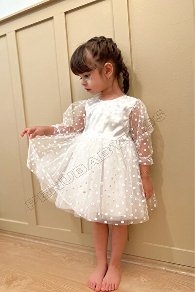penu baby kids Beyaz Çiçek Detaylı Truvakar Kol Kız Bebek Elbise