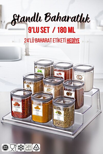 Nandy Home Stantlı, Etiketli 9'lu Kare Baharat Saklama Kabı ŞEFFAF