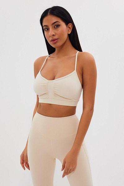 GRAB Women's Beige Sports Bra with Adjustable Straps