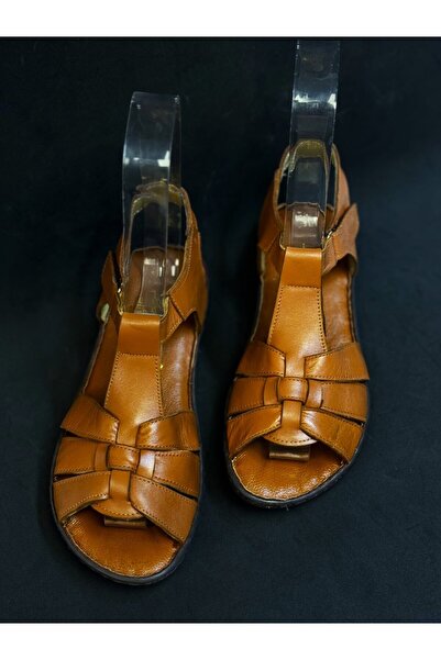 KAFKASLAR AYAKKABI صندل فيلكرو من الجلد الطبيعي الناعم ذو النعل المسطح