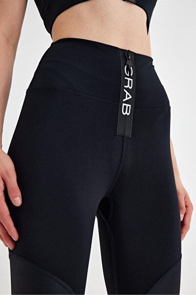 GRAB Women's Black Shiny Garnished Zippered Sports Tights