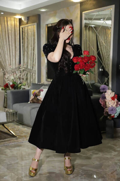 Gold Dresses BEAUTY LADY MİDİ KADİFE ABİYE ELBİSE GDS241132