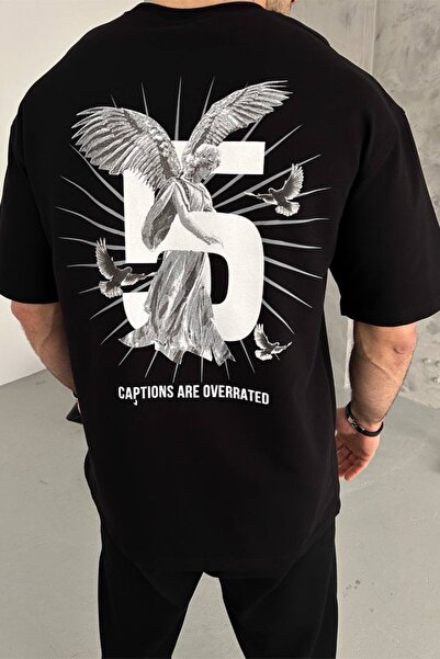 MADZEYMODA Unisex Oversize Loose Fit Back Print Detailed Crew Neck Black T-Shirt