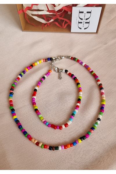 derokas Women's Colorful Bead Detailed Necklace - Anklet Set