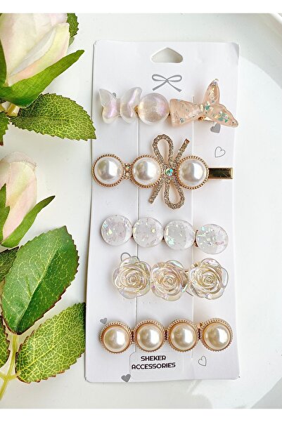 SHEKER HOME Yeni Trend Moda Incili 5 Li Büyük Klips Çıtçıt Pens Toka Seti