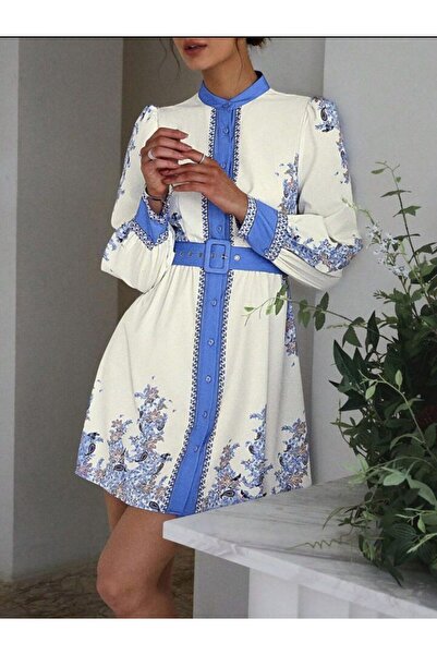 1Moda1Tarz Women's Colorful Stand Collar Crepe Fabric Front Buttoned Midi Dress with Belt