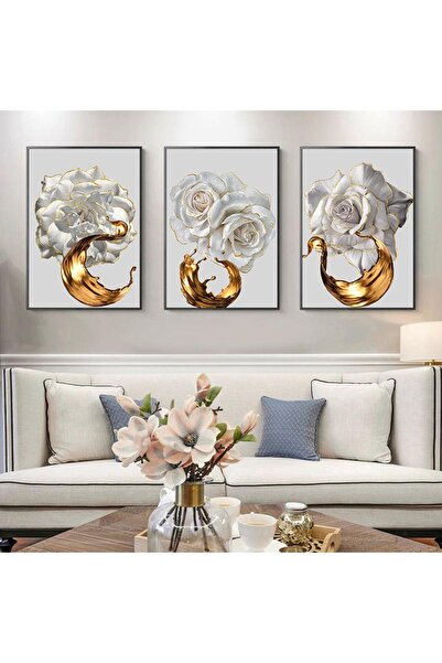 Linacci 3lü Siyah Metal Çerçeveli Gold Çiçek Poster Camlı Tablo Seti