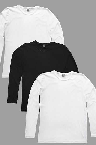 ROCKANDROLL 2 White, 1 Black Long Sleeve Crew Neck Men's Combed Cotton T-Shirts 3 Pack Eco Pack