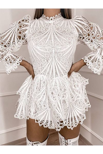 1Moda1Tarz Women's White Stand Collar Special Design Lace & Fluffy Waist Fitted Lined Dress