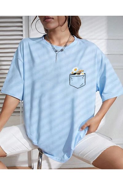 khufu Μπλουζάκι Oversize Μπλε Floral Pocket με εμπριμέ χαλαρή εφαρμογή