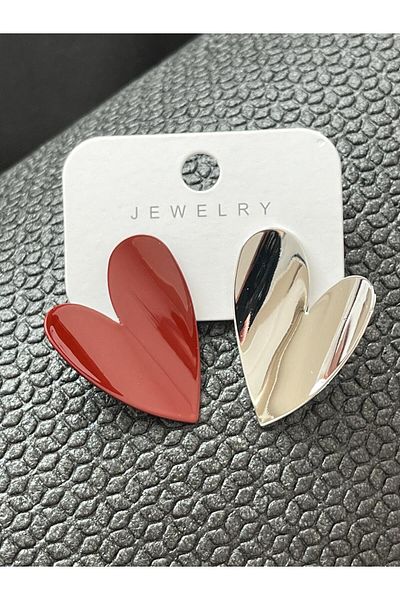 Rachel Burgundy-Silver Two Color Curved Metal Heart Earrings-4 cm