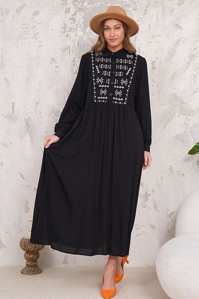 AYASOFYA OTANTIK Women's Embroidered Button Detail Shirt Collar Lined Long Dress