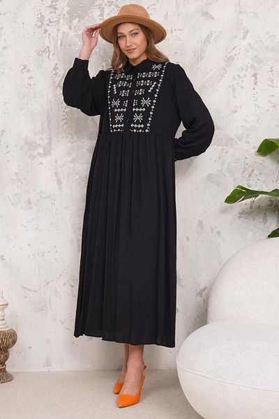 AYASOFYA OTANTIK Women's Embroidered Button Detail Shirt Collar Lined Long Dress