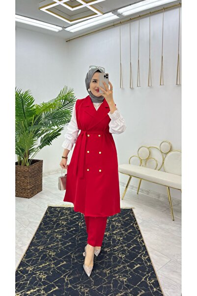 FIRSTESLEM Duble Krep Kumaş Pantolon ve Uzun Yelek Kadın İkili Takım