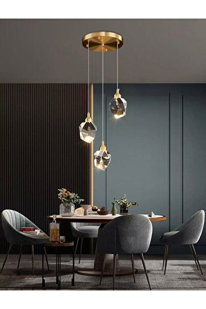 burenze A+ Luxury Modern Kristalize Cam Sarkıt Üçlü Led Avize Gold Sarı