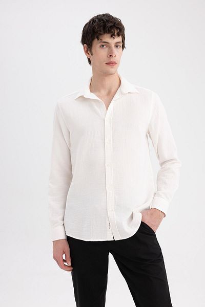 DeFacto Regular Fit Polo Kragen Baumwolle Basic Plain Langarm Hemd C4372ax24sp