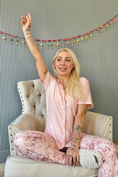 Pijamaevi Mercan Florado Exclusive Front Buttoned Short Sleeve Women's Pajamas Set