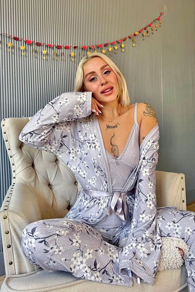Pijamaevi Γκρι Flore Exclusive Πλεκτές Γυναικείες Πιτζάμες με φόρεμα